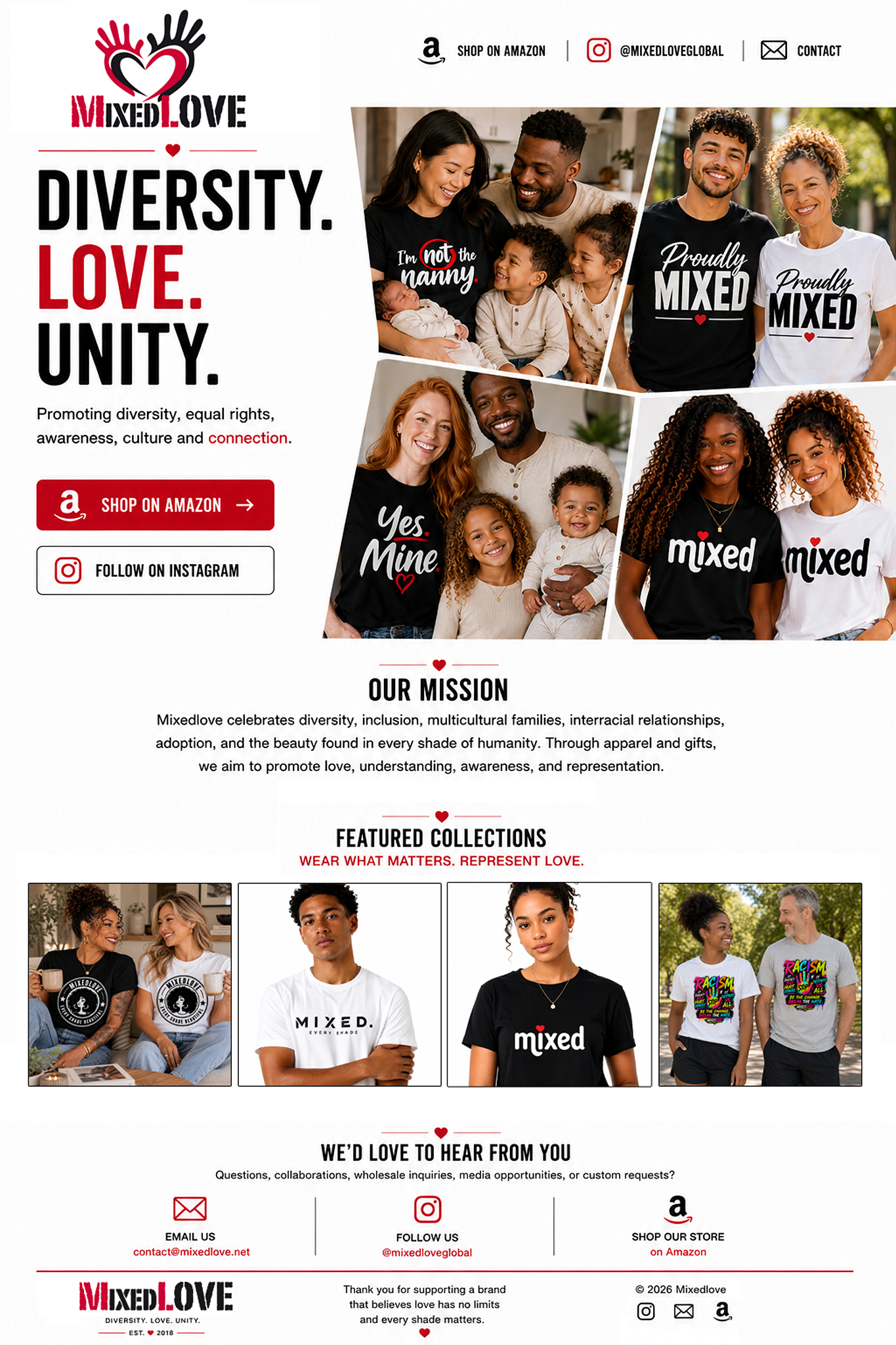 MIXEDLOVE landing page featuring Diversity. Love. Unity., featured collections, Amazon, Instagram, and contact links.